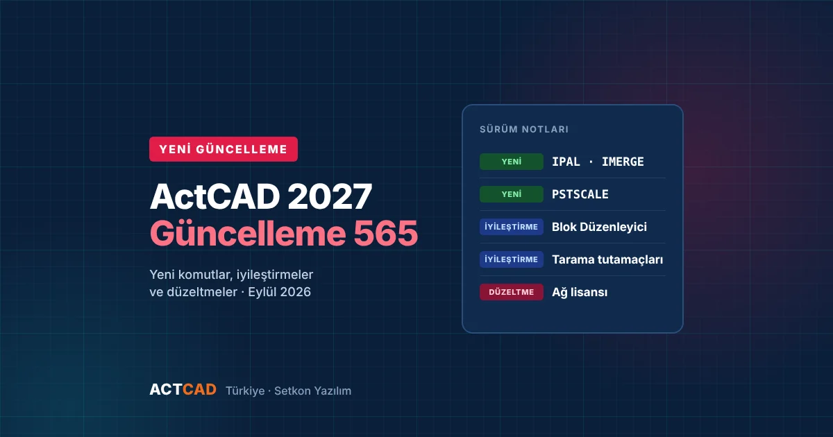 ActCAD 2027 Güncelleme 565 sürüm notları: yeni komutlar, iyileştirmeler ve düzeltmeler