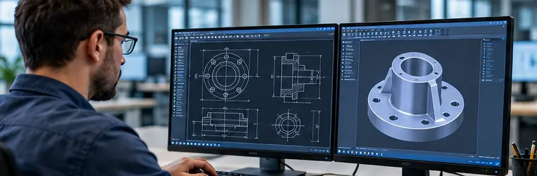 CAD CAM: mühendis iki monitörde teknik resim ve 3B parça modeli üzerinde çalışıyor