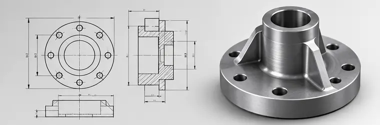 Flanşlı parçanın teknik resmi ve bu resimden üretilmiş metal parça