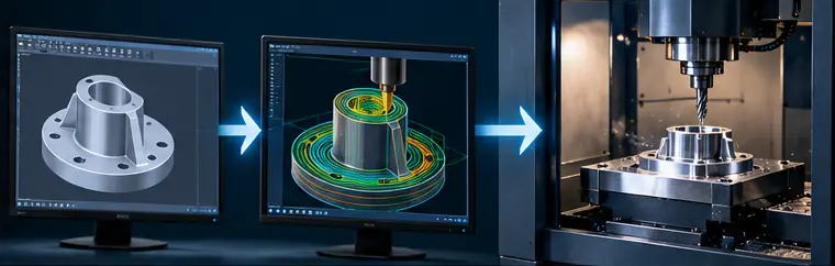 CAD CAM iş akışı: CAD modeli, CAM takım yolu simülasyonu ve CNC tezgâhında işleme