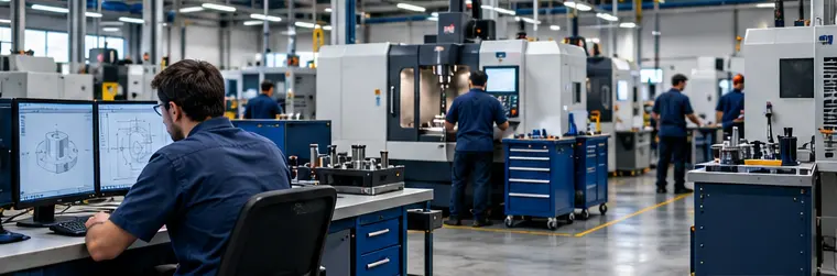 CNC tezgâhlarının bulunduğu imalat atölyesinde CAD ekranı başında çalışan mühendis