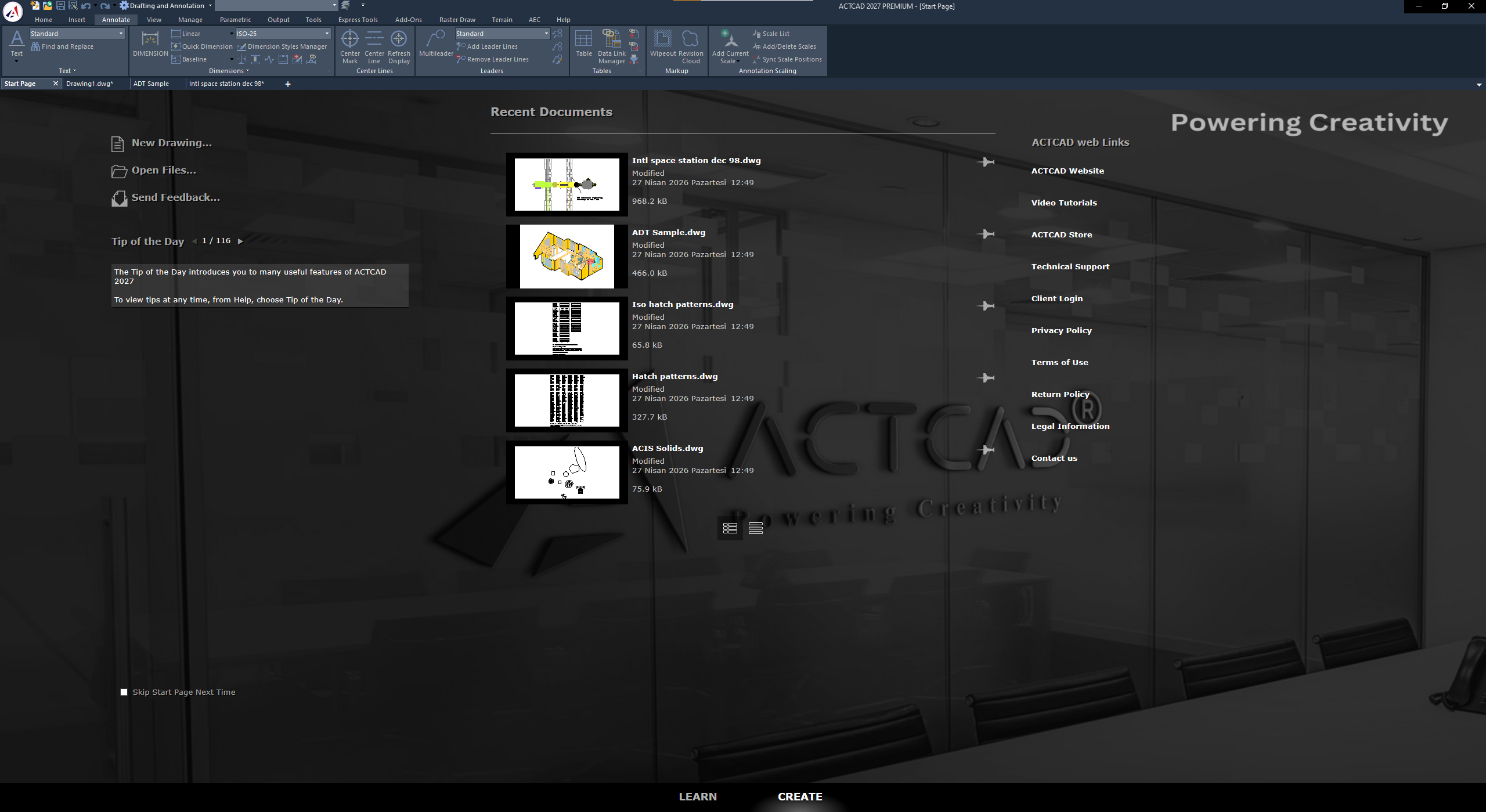 ActCAD Başlangıç Ekranı