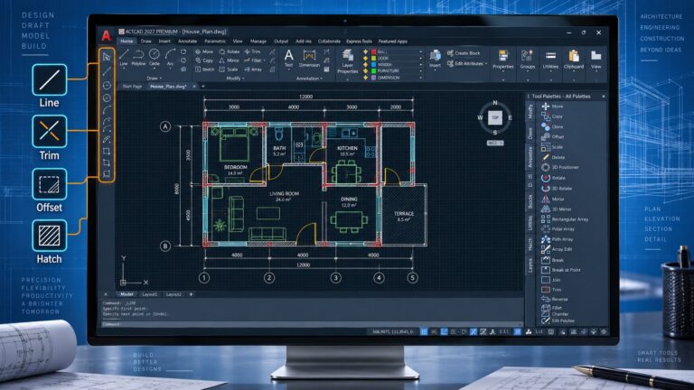 ActCAD 2B çizim arayüzü – Line, Trim, Offset, Hatch komutları