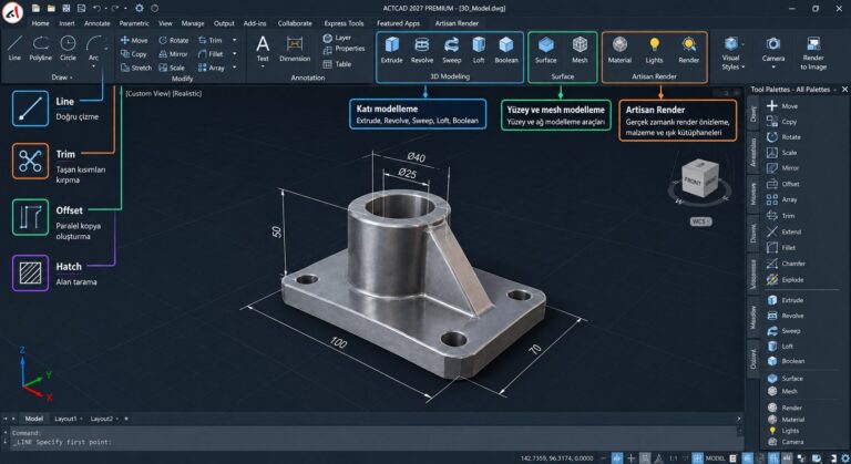 ActCAD 3B katı modelleme ve Artisan Render